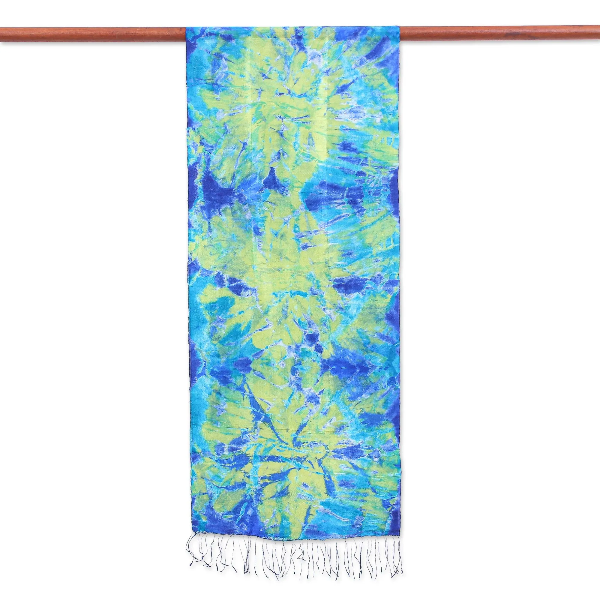 Fringed Tie-Dyed Silk Scarf - Smiling Sea | NOVICA