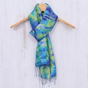 Fringed Tie-Dyed Silk Scarf - Smiling Sea | NOVICA