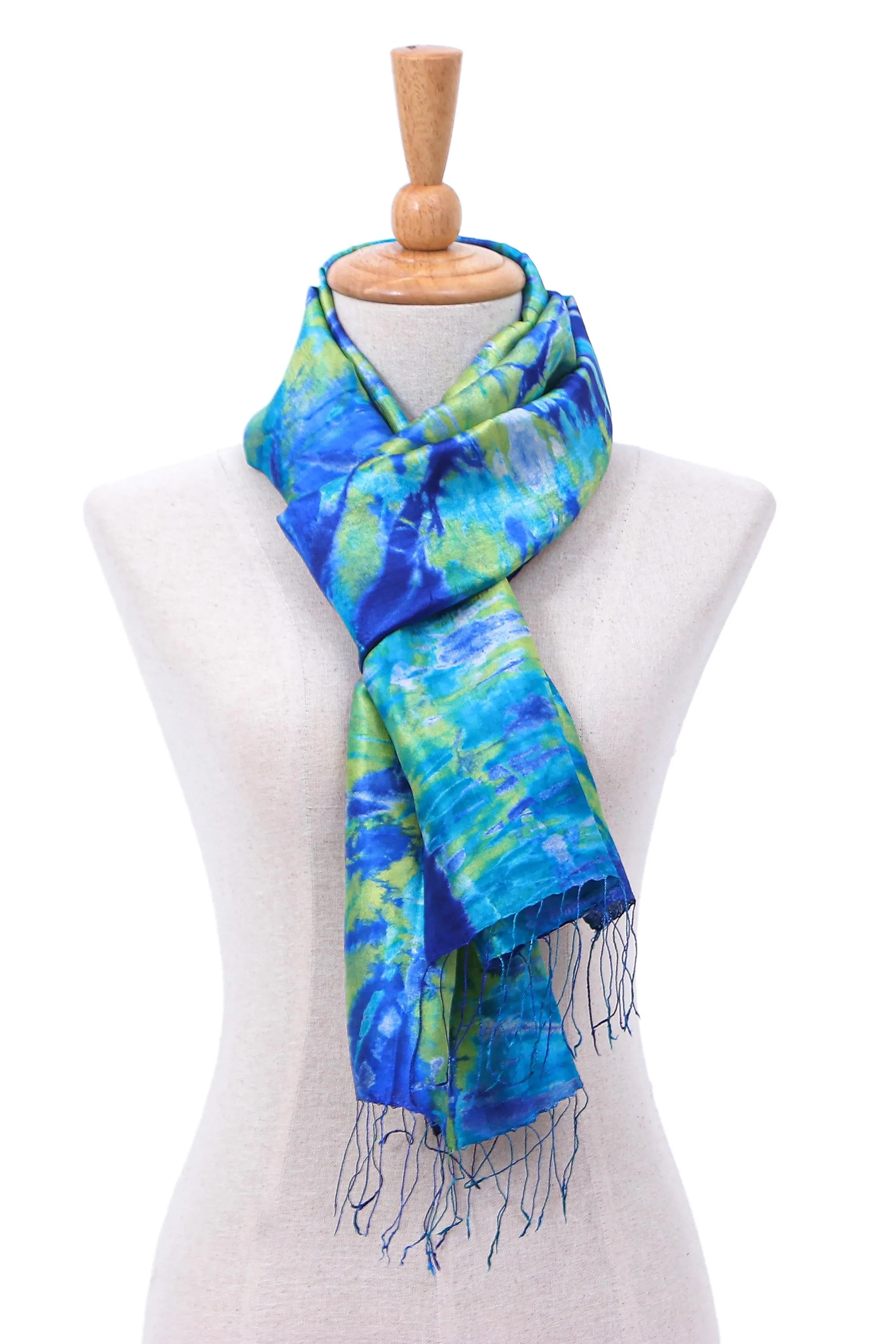 Fringed Tie-Dyed Silk Scarf - Smiling Sea | NOVICA