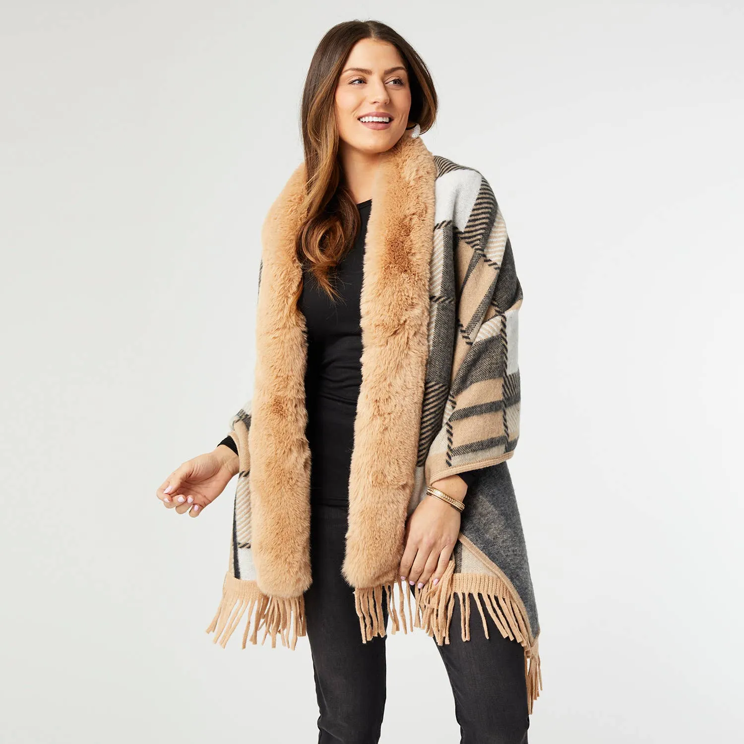 Gigi Plaid Faux Fur Cardi Wrap with Fringe