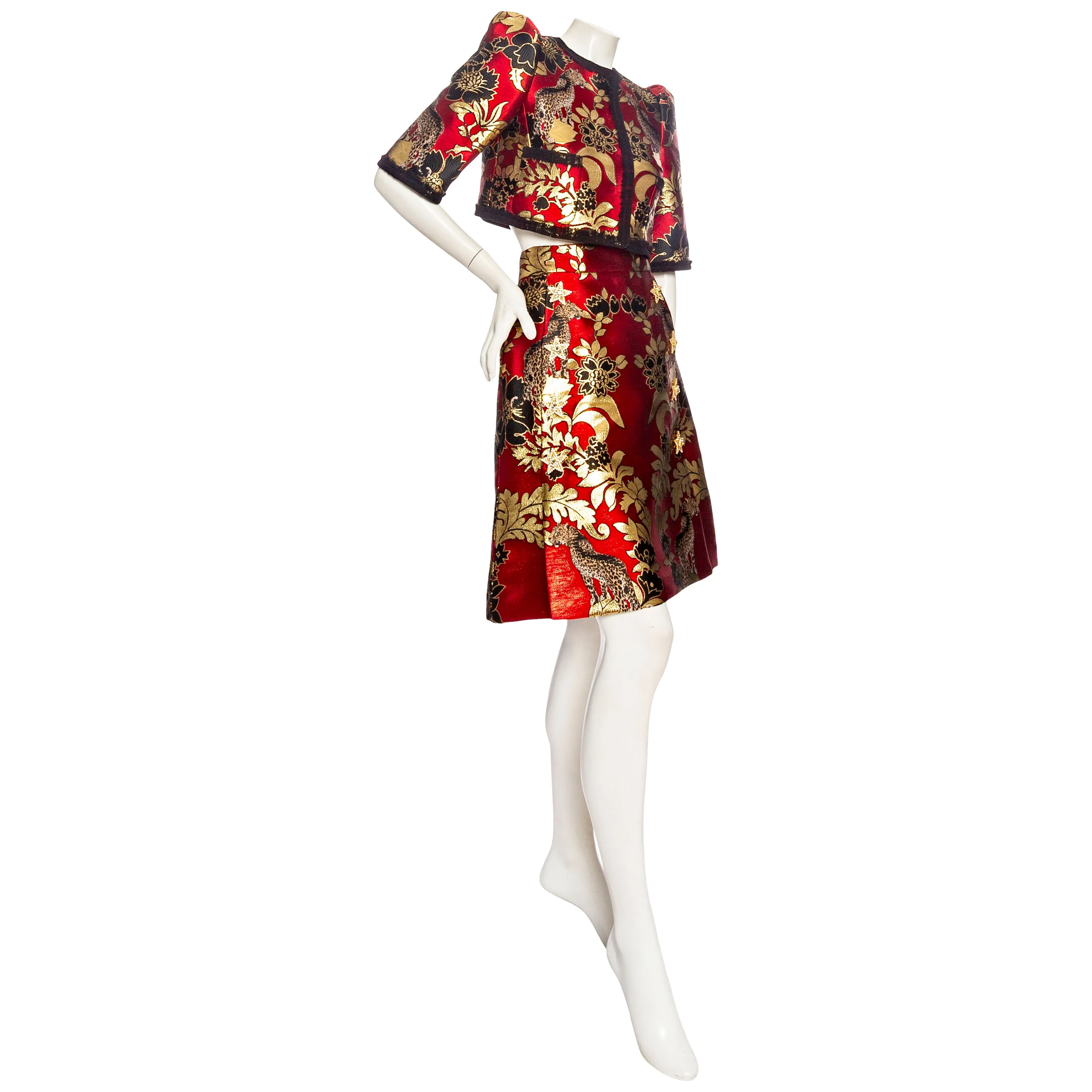 Gold and Red Leopard Motif Jacquard Jacket and Skirt Set