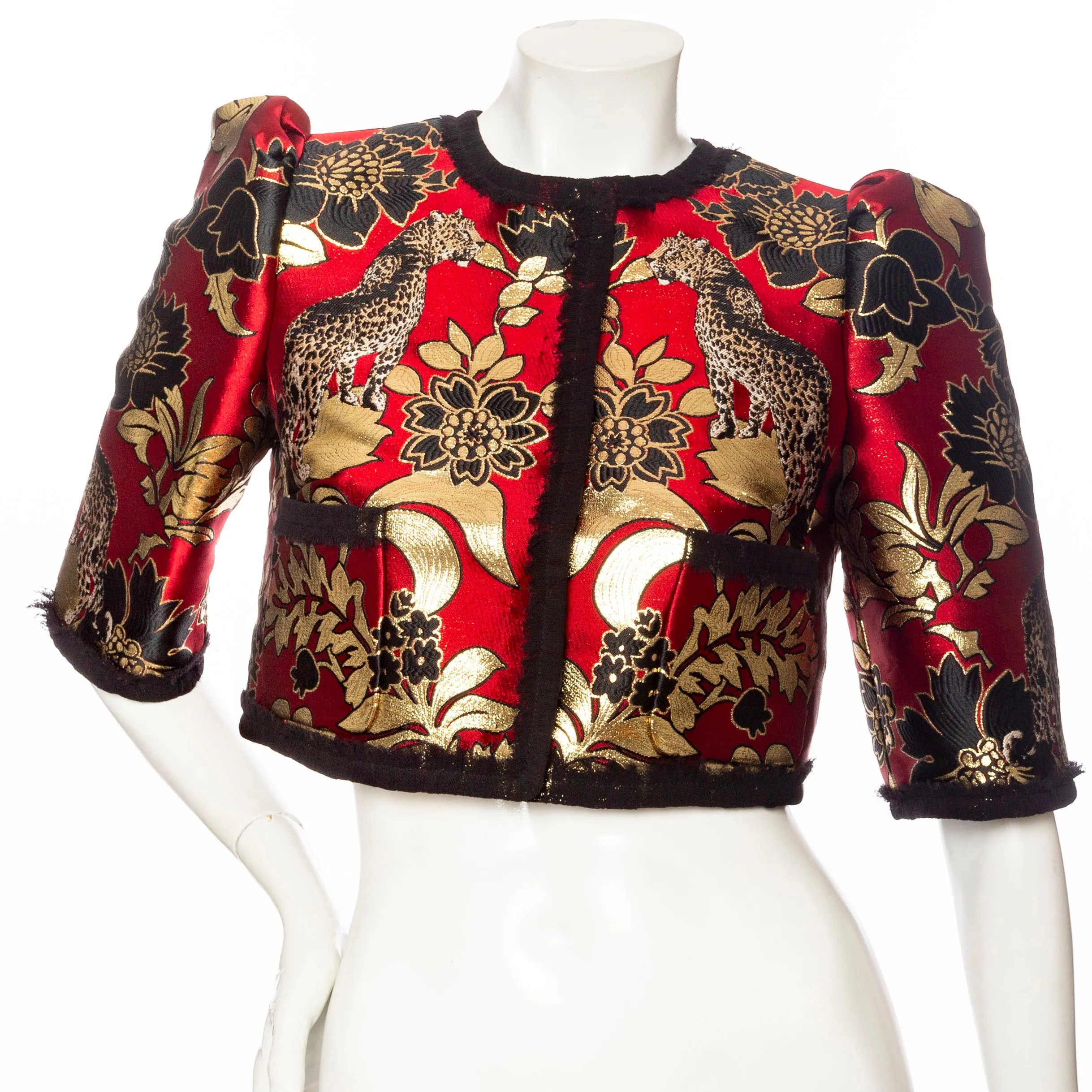 Gold and Red Leopard Motif Jacquard Jacket and Skirt Set