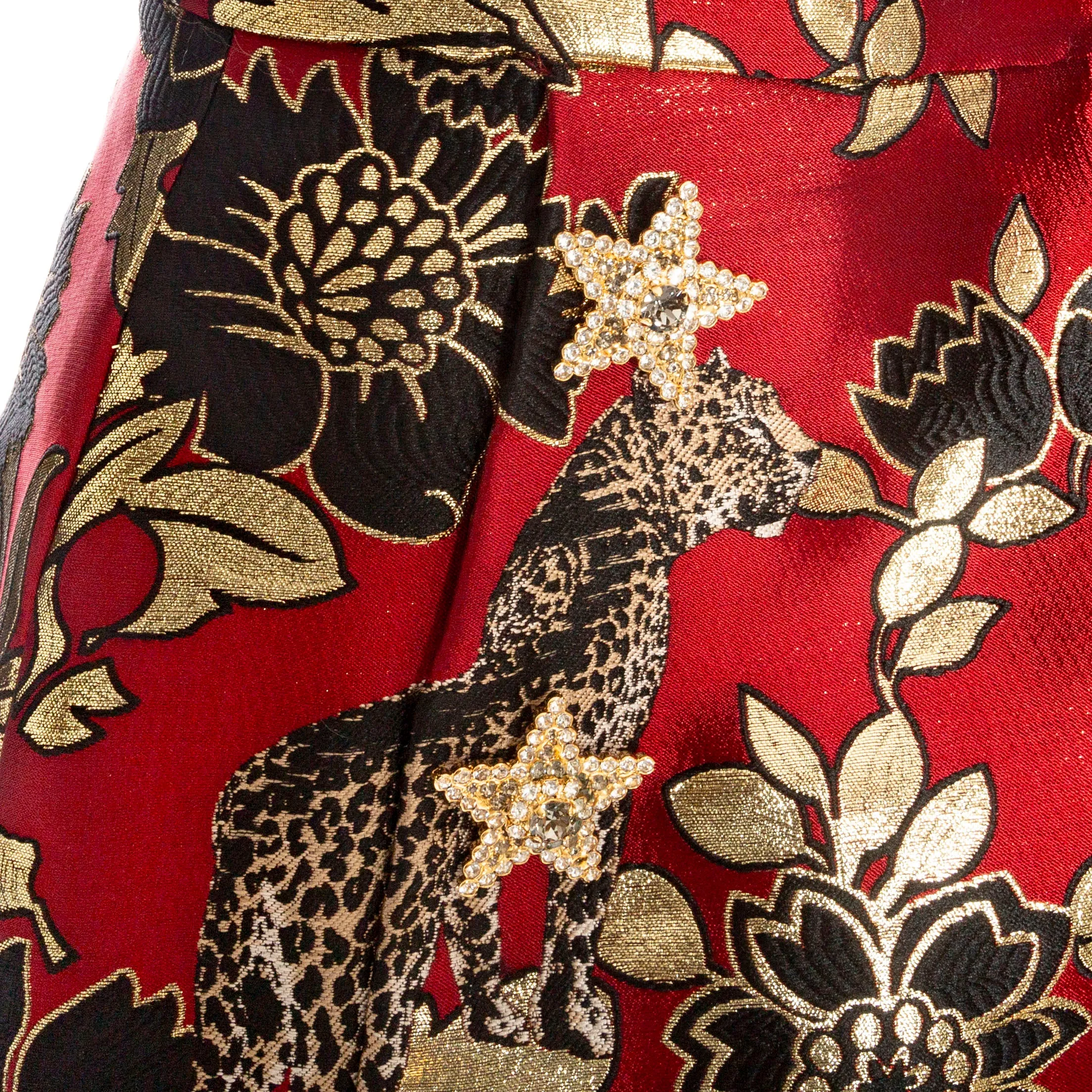 Gold and Red Leopard Motif Jacquard Jacket and Skirt Set