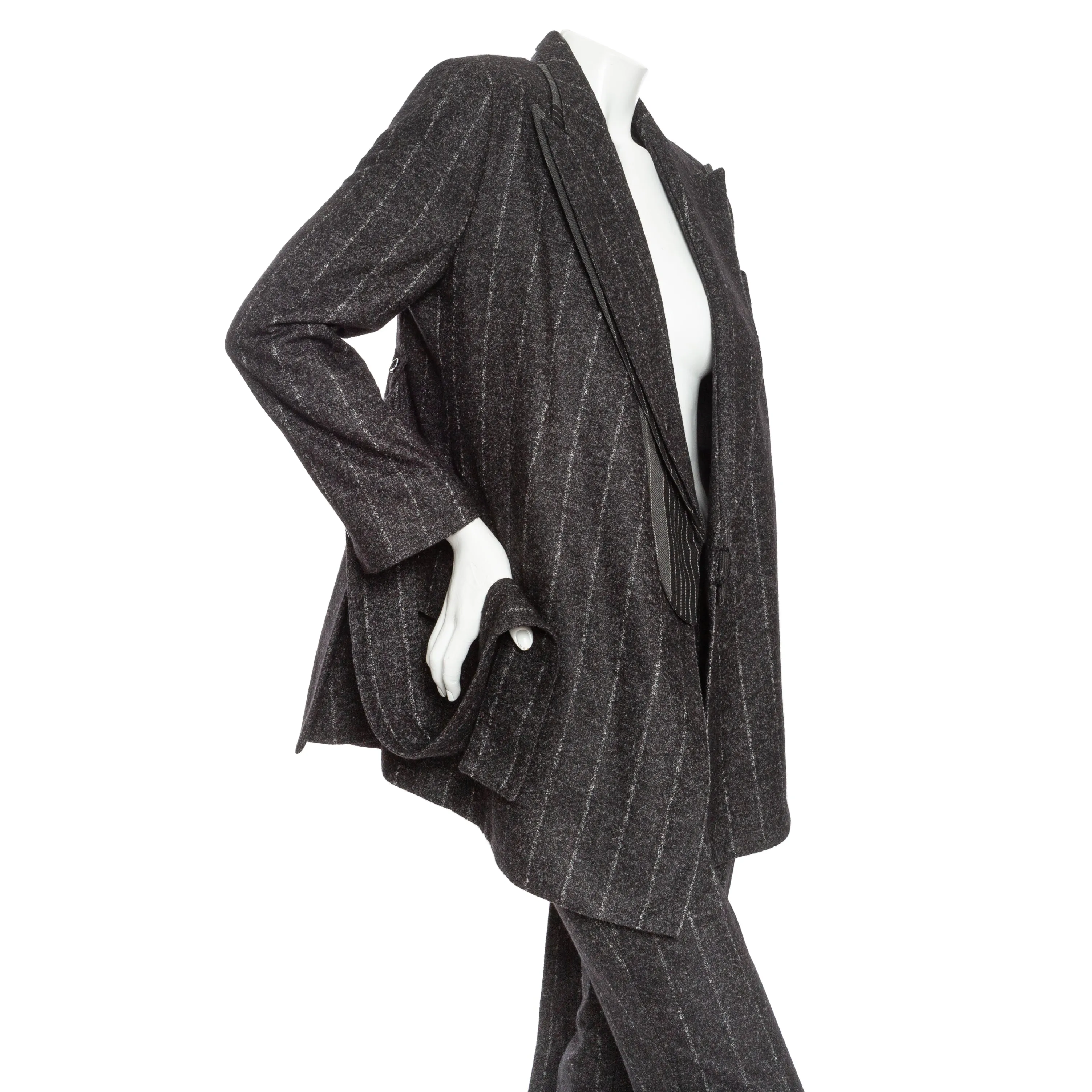 Gray Wool-Blend Pinstriped Belted Suit