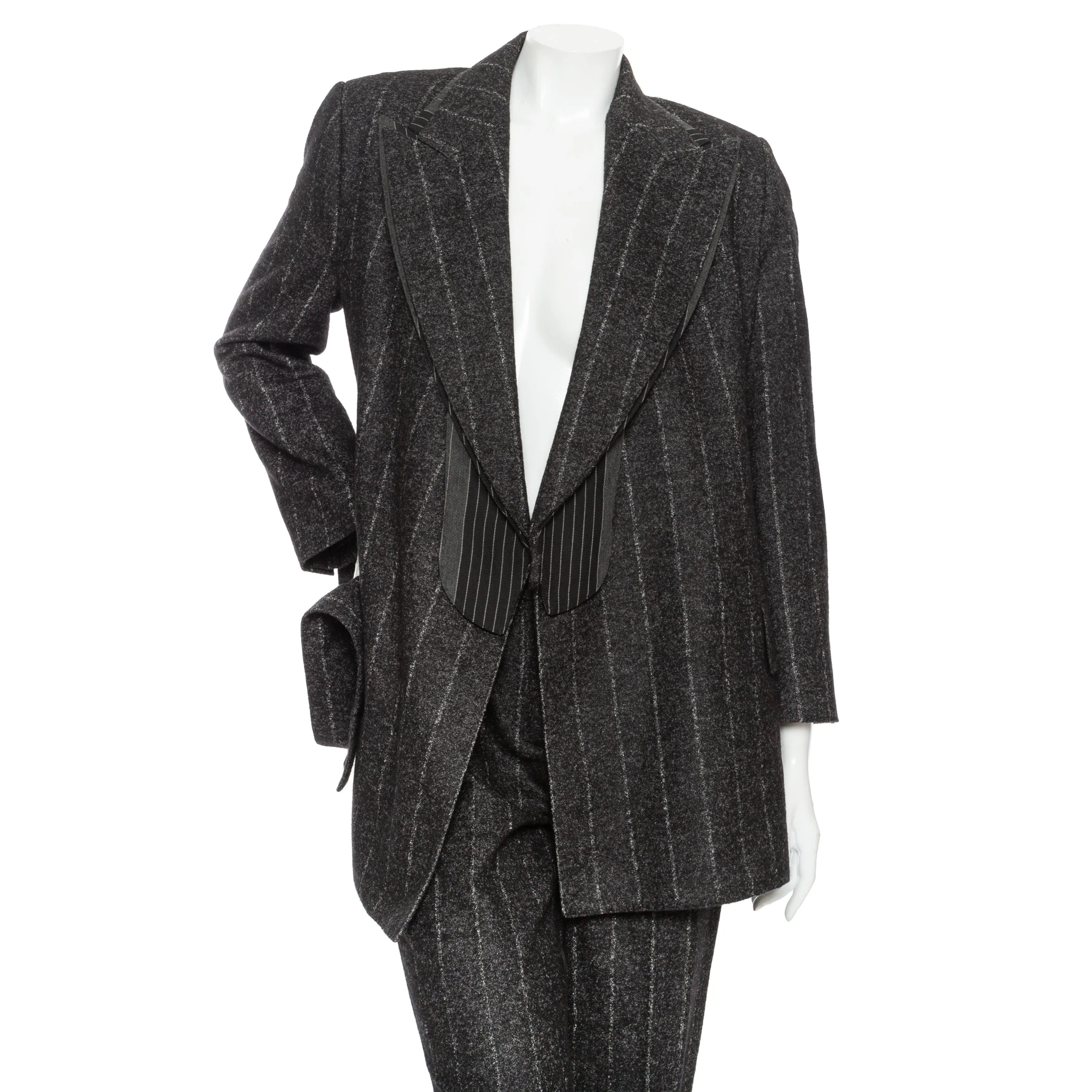 Gray Wool-Blend Pinstriped Belted Suit