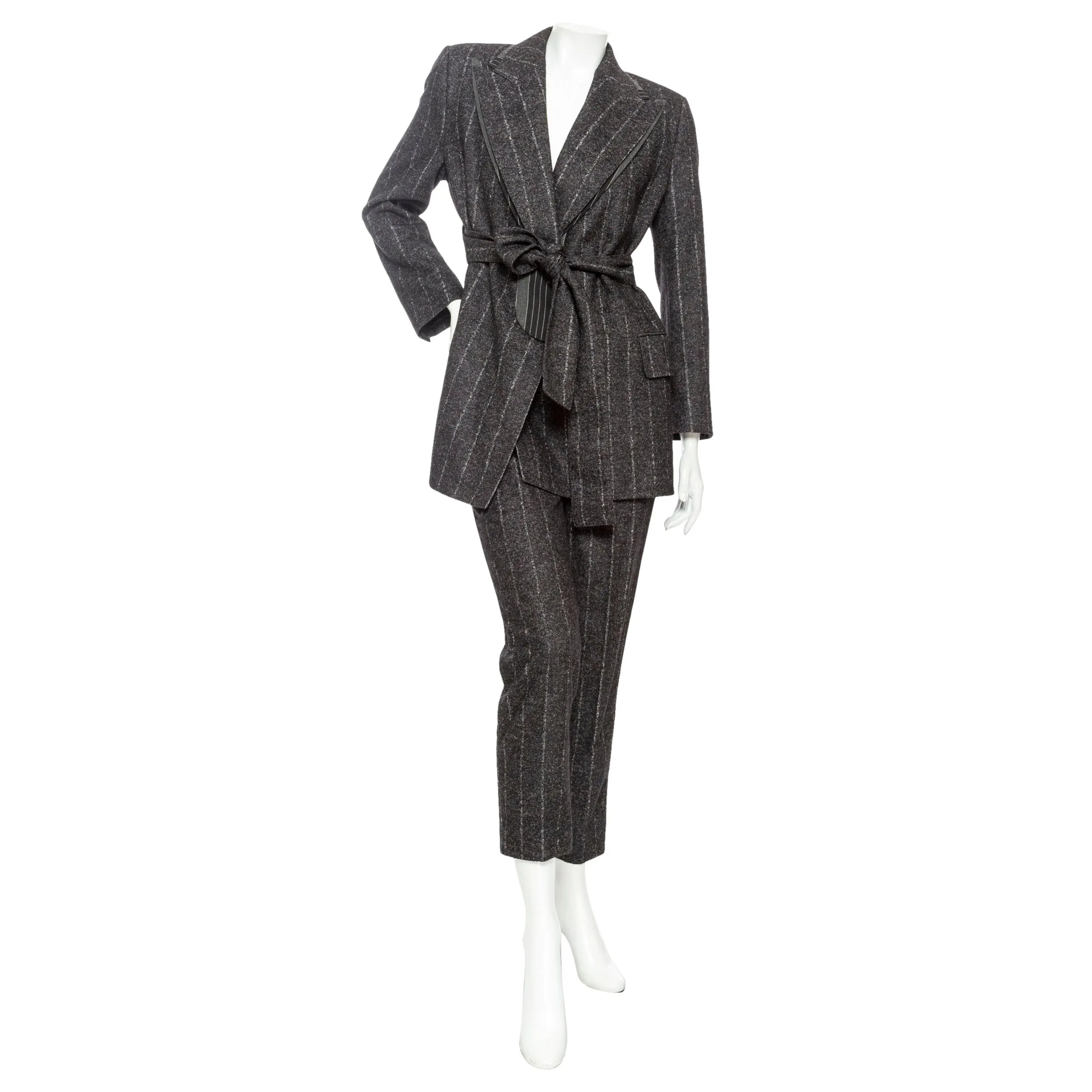 Gray Wool-Blend Pinstriped Belted Suit