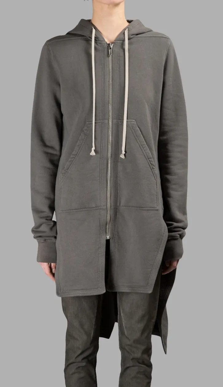 Grey Long Hoodie /Zip Closure  /Two Side Pockets /  Asymmetric Raw Cut Sleeve Seam