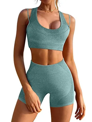 GXIN Seamless Workout Sets For Women 2 Piece Yoga Crop Tank Top   Sports Shorts Tracksuits Darkgreen