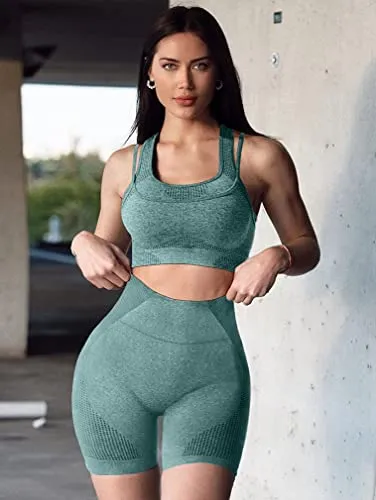 GXIN Seamless Workout Sets For Women 2 Piece Yoga Crop Tank Top   Sports Shorts Tracksuits Darkgreen