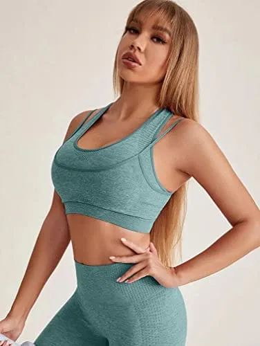 GXIN Seamless Workout Sets For Women 2 Piece Yoga Crop Tank Top   Sports Shorts Tracksuits Darkgreen