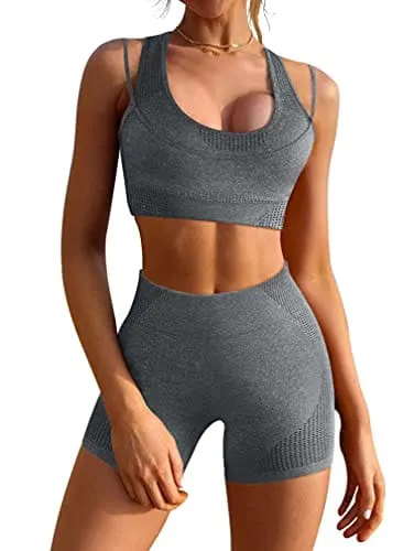 GXIN Seamless Workout Sets For Women 2 Piece Yoga Crop Tank Top   Sports Shorts Tracksuits Grey