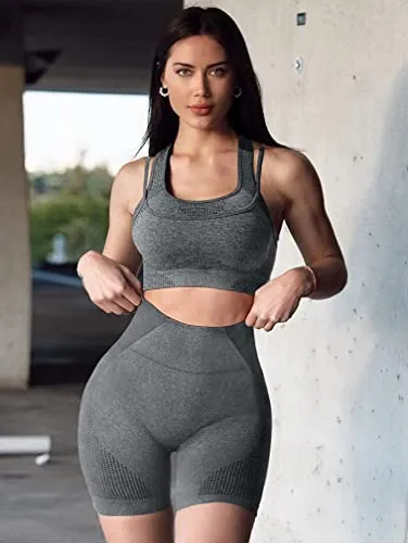 GXIN Seamless Workout Sets For Women 2 Piece Yoga Crop Tank Top   Sports Shorts Tracksuits Grey