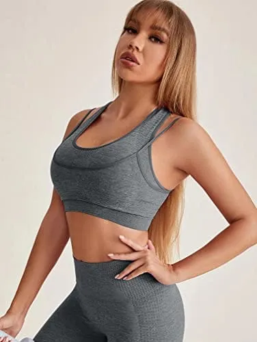 GXIN Seamless Workout Sets For Women 2 Piece Yoga Crop Tank Top   Sports Shorts Tracksuits Grey