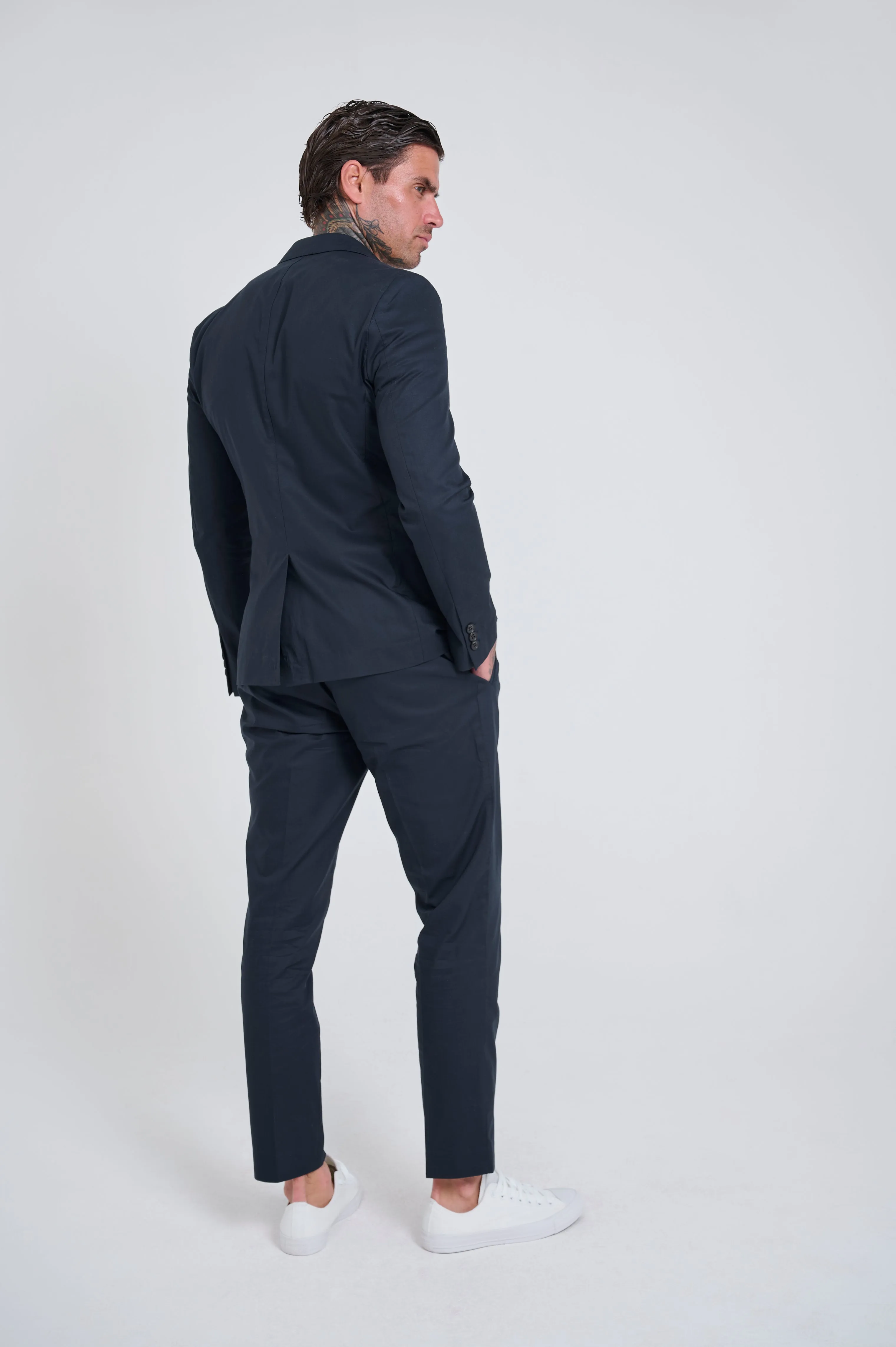 Harry Slim Fit Paper Touch Cotton Suit Smart Trousers in Navy