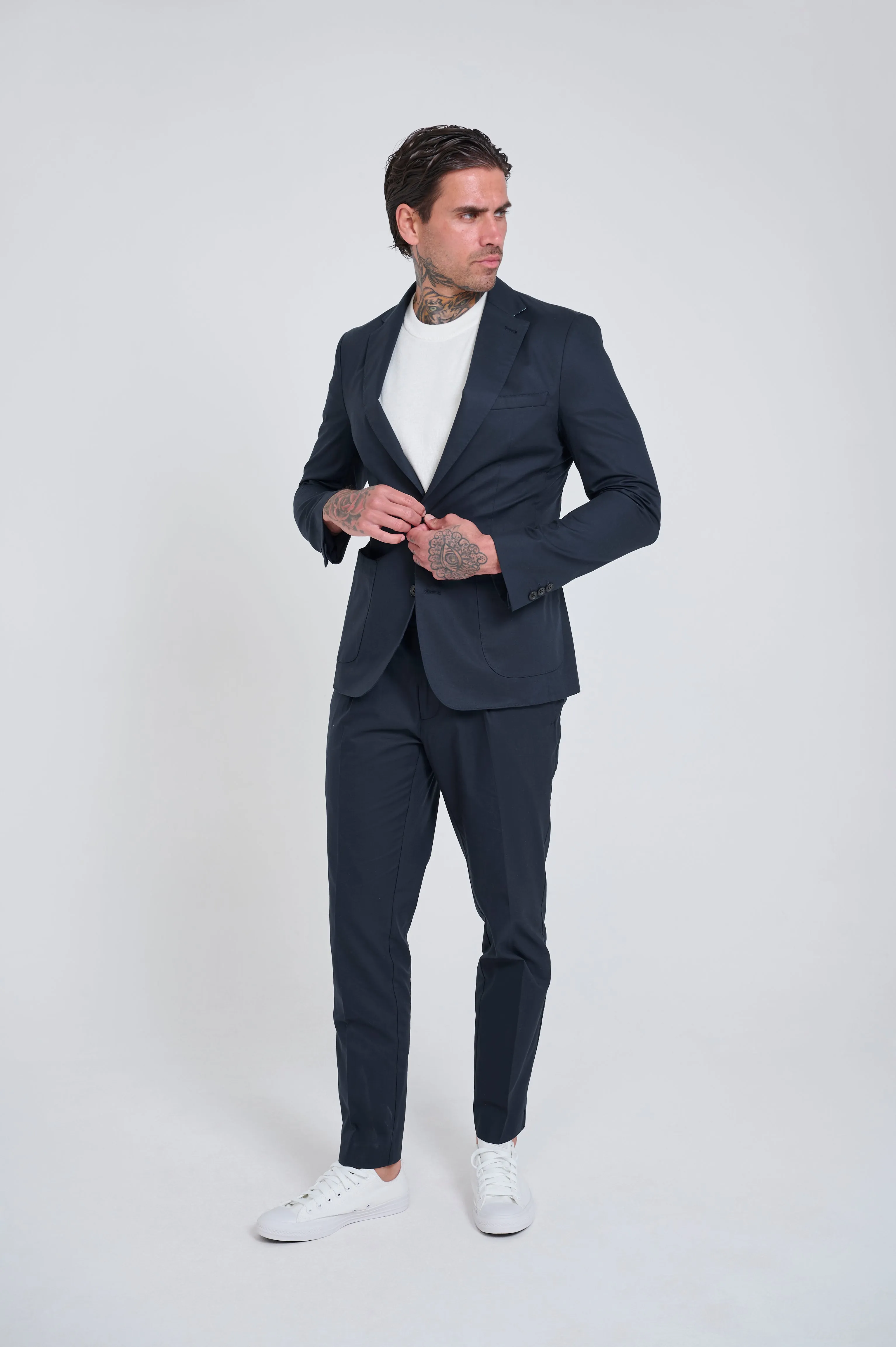 Harry Slim Fit Paper Touch Cotton Suit Smart Trousers in Navy