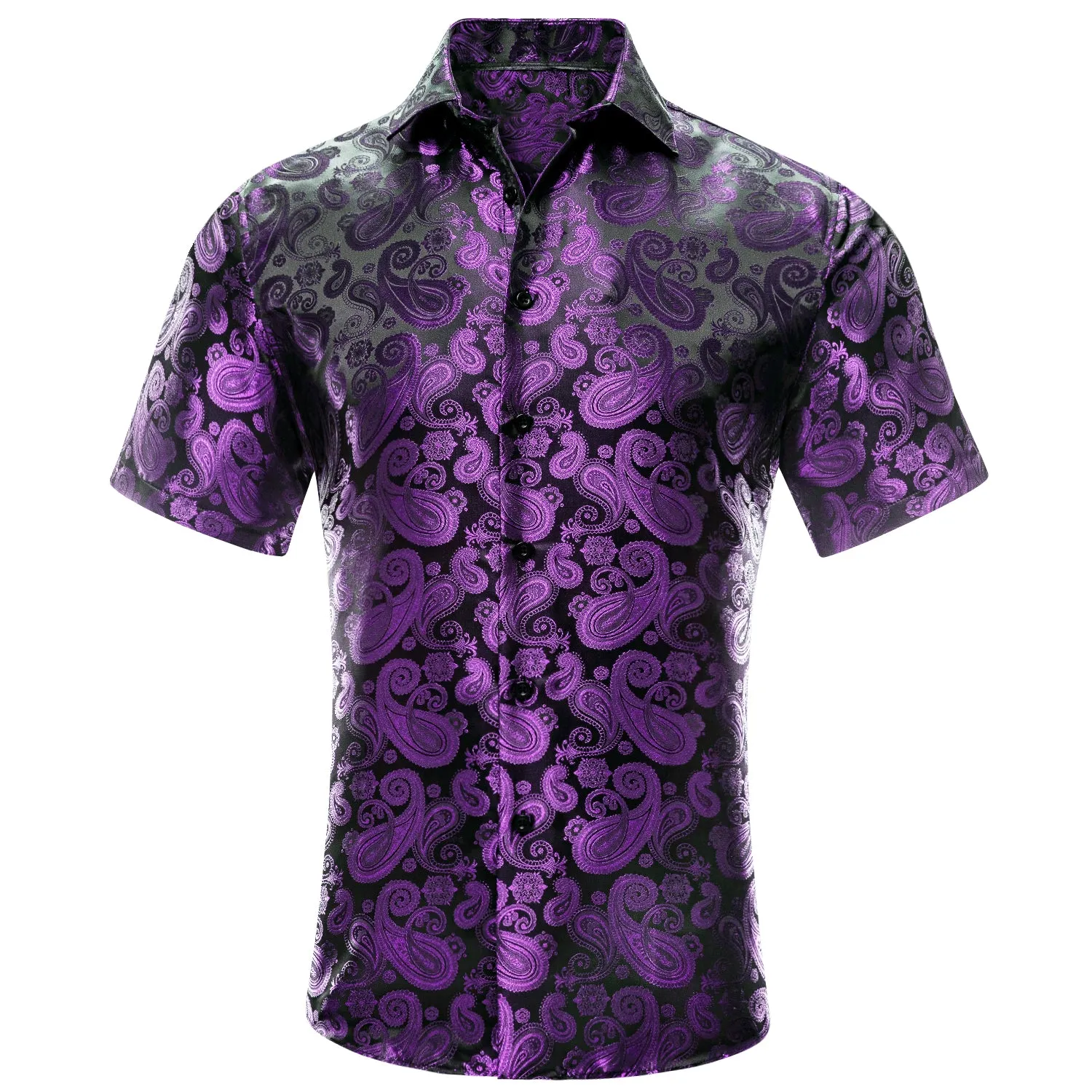 Hi-Tie Deep Purple Paisley Jacquard Black Silk Mens Short Sleeve Shirt