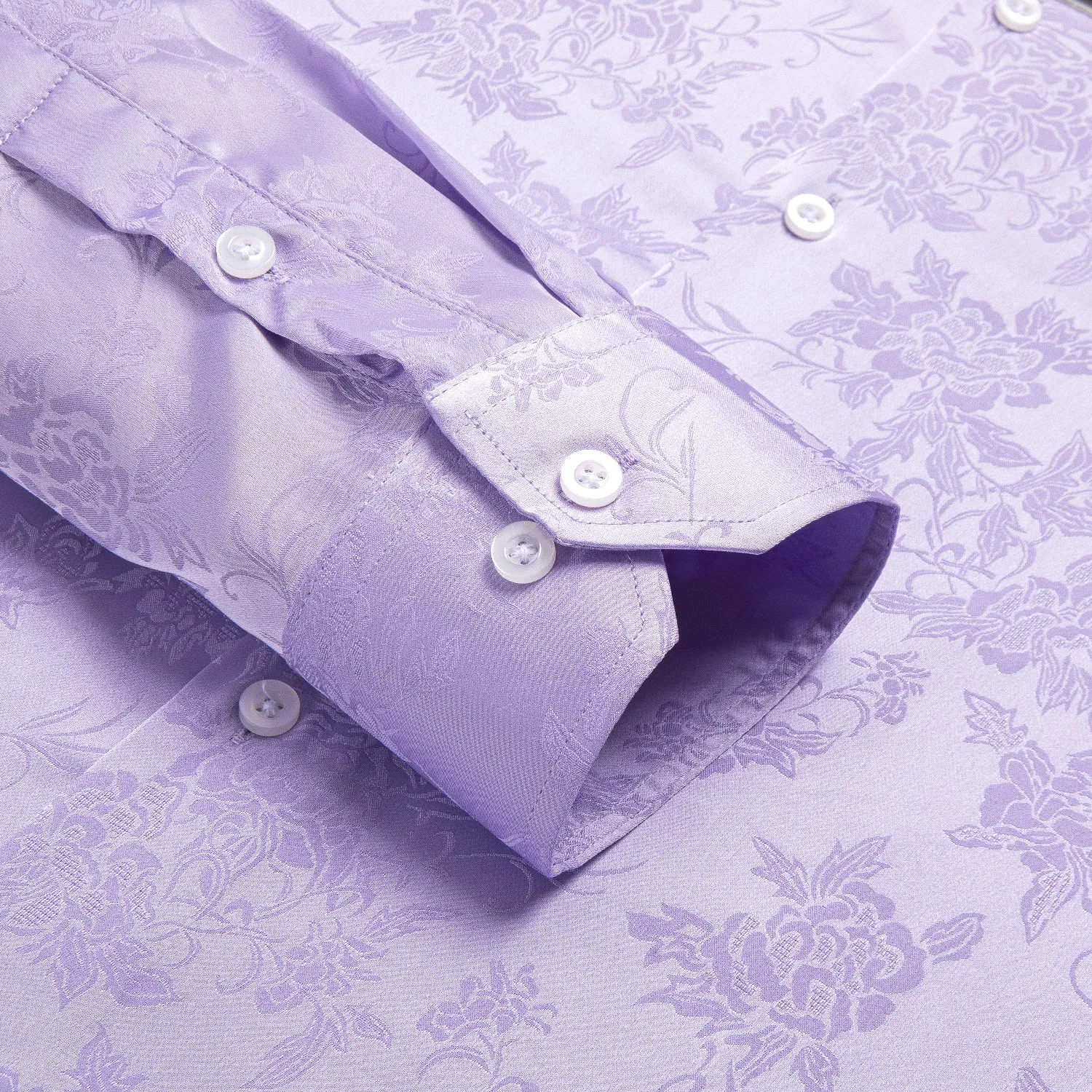 Hi-Tie Wedding Shirt Lilac Purple Floral Silk Men's Long Sleeve Shirt