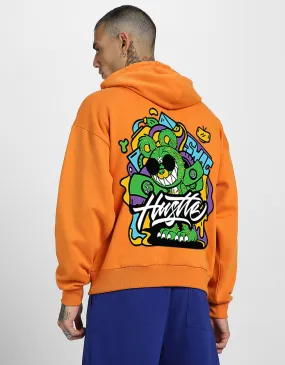 Hustle Orange Oversized Back Graphic Printed Hoodie