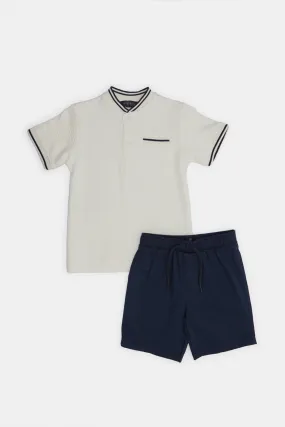 Infant Boys White Henley T-Shirt And Short Set (2 Piece)