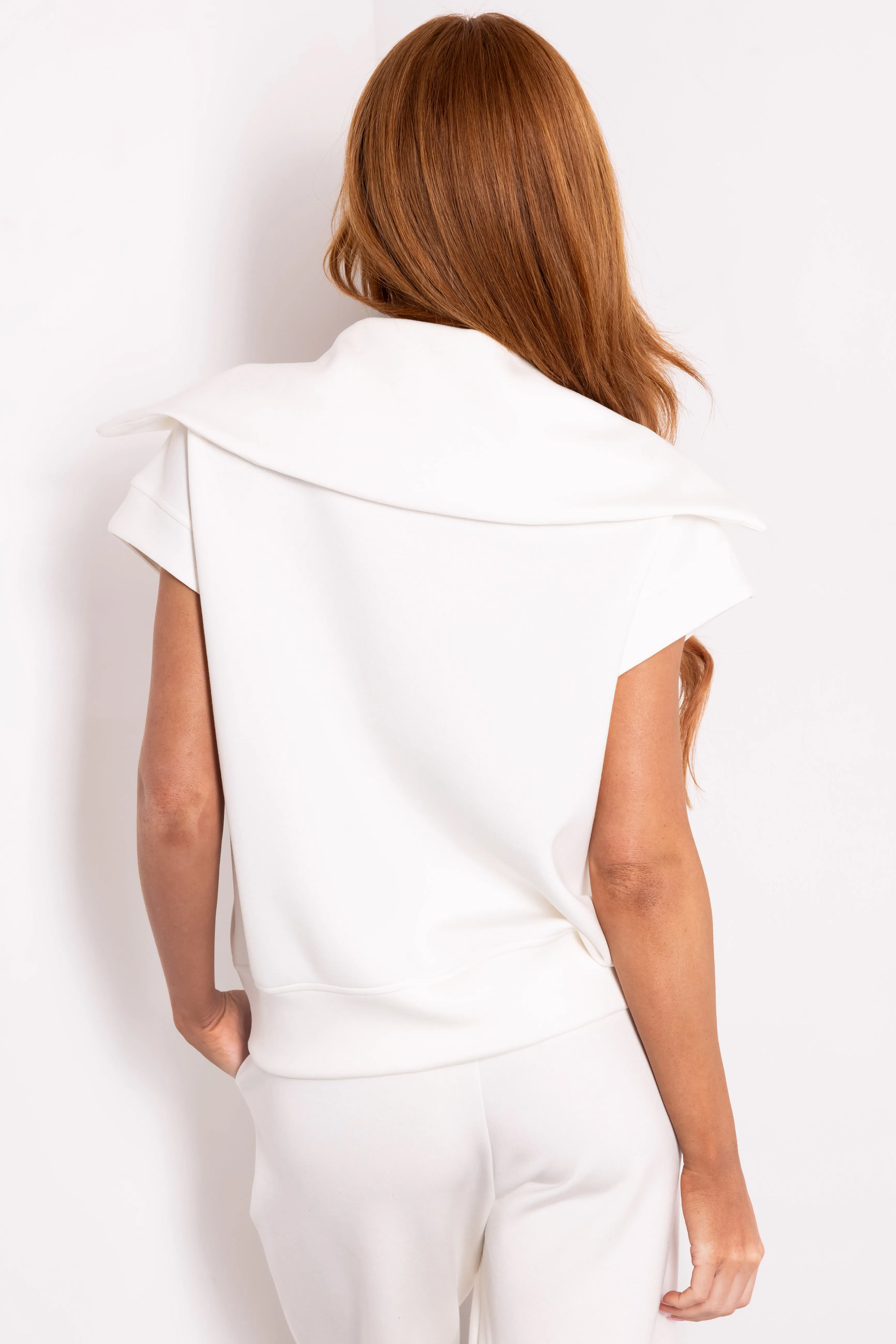 Ivory Half Zip Up Cap Sleeve Collared Soft Top