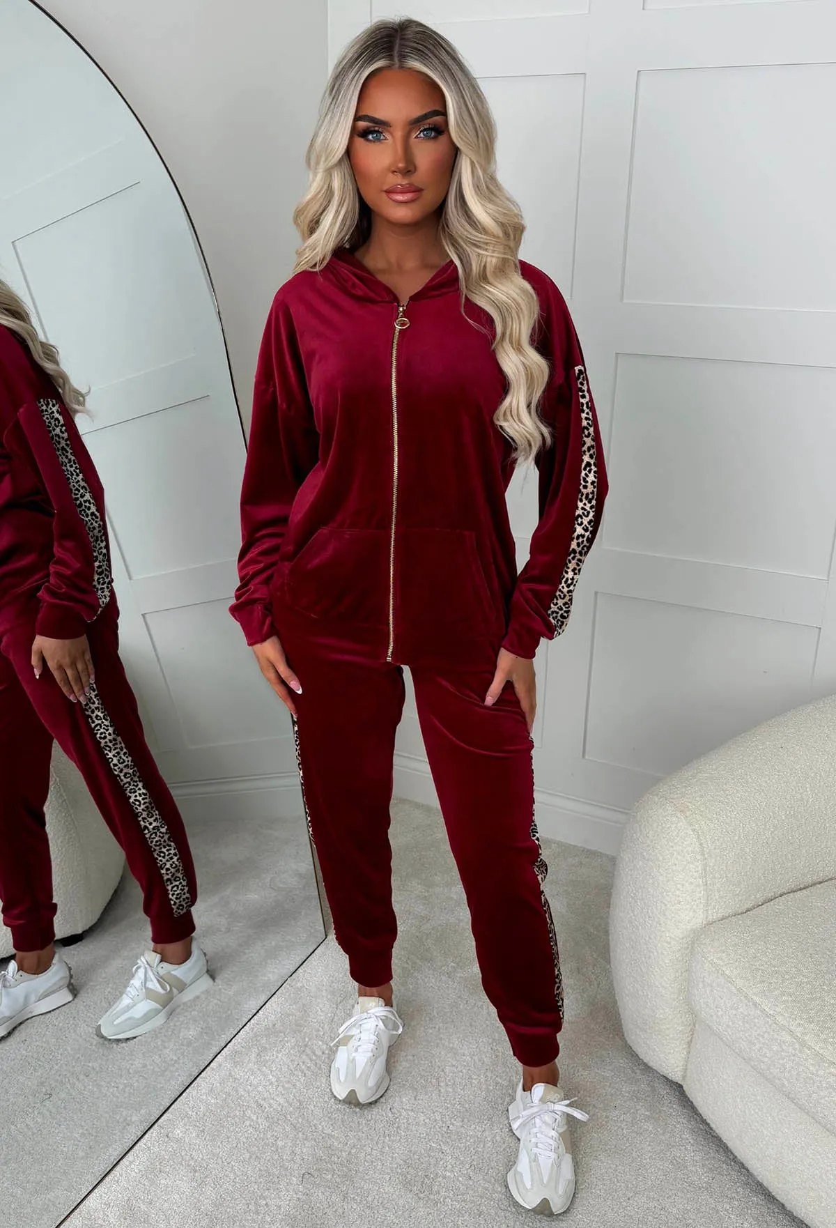 Karma Burgundy Leopard Side Print Velour Loungewear Set