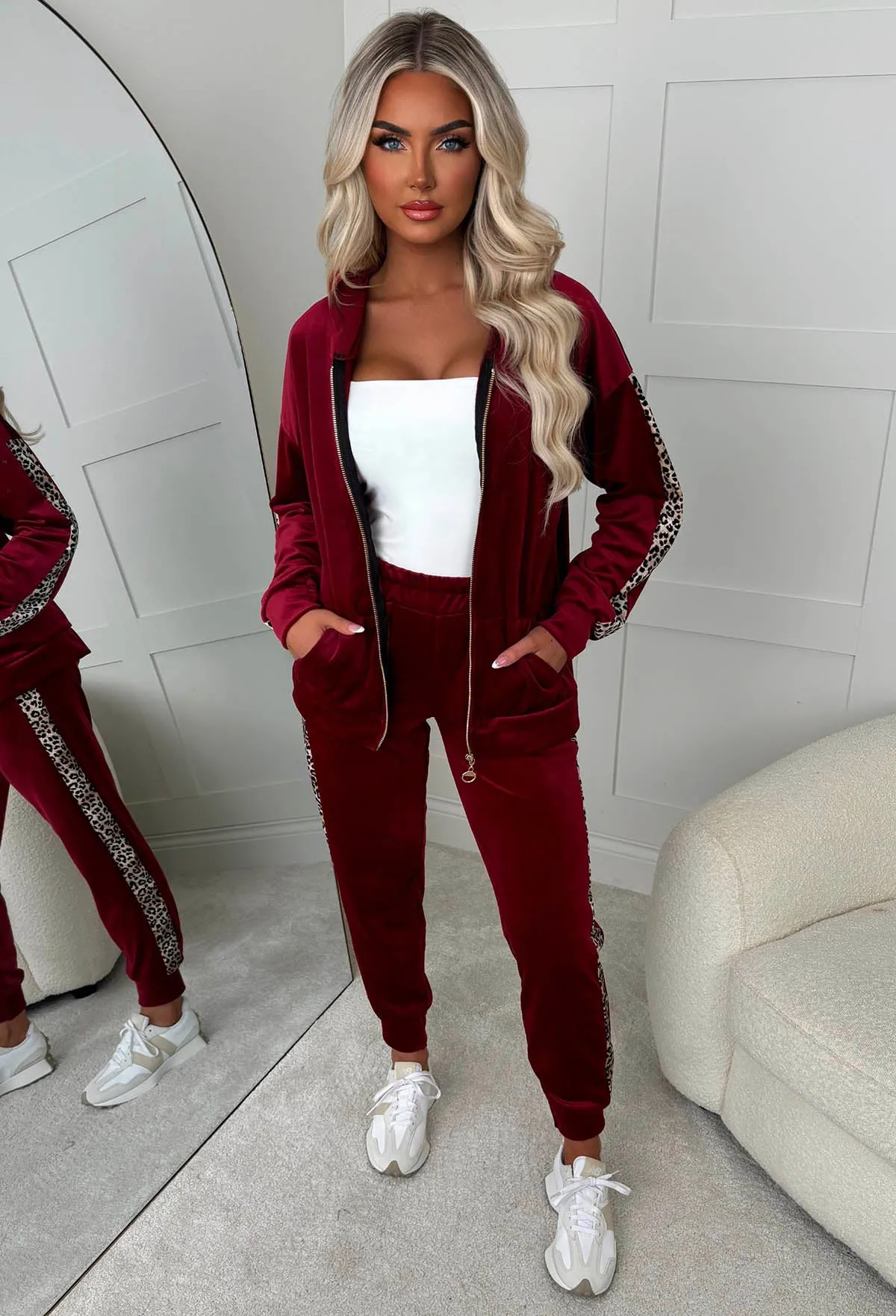 Karma Burgundy Leopard Side Print Velour Loungewear Set