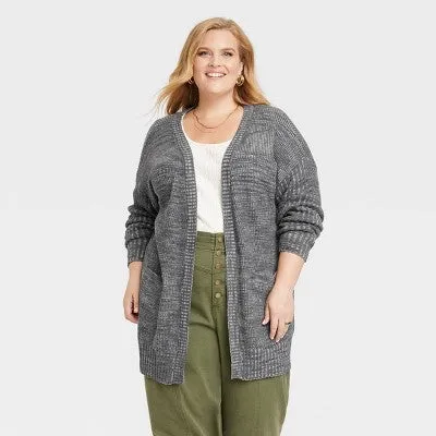 Knox Rose Women's Plus Open Front Shaker Knit Cardigan Patch Pockets, Gray, 1X