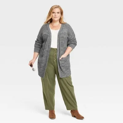 Knox Rose Women's Plus Open Front Shaker Knit Cardigan Patch Pockets, Gray, 1X