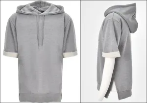 KW Side Slit Short Sleeve Essential Hooded Sweatshirt / Unsewn Cuffs