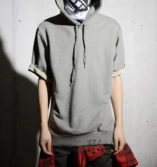 KW Side Slit Short Sleeve Essential Hooded Sweatshirt / Unsewn Cuffs