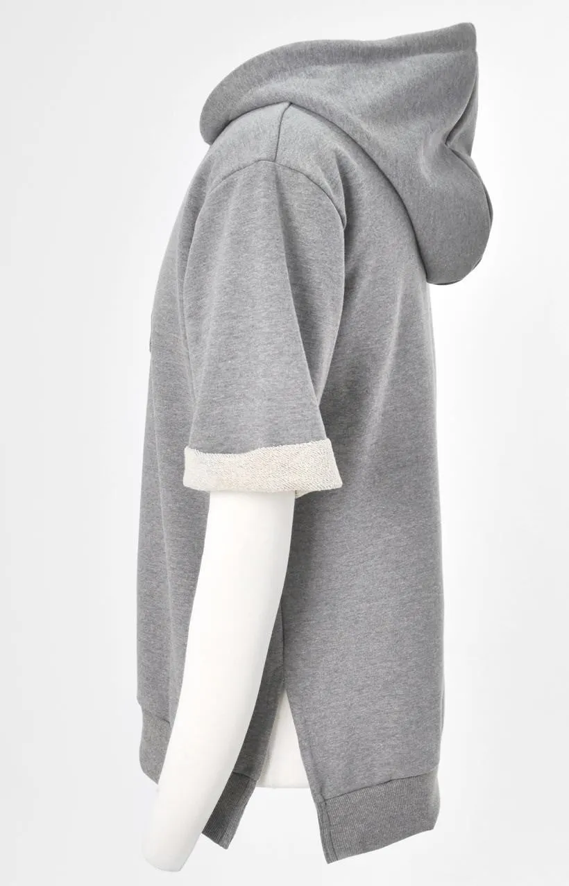 KW Side Slit Short Sleeve Essential Hooded Sweatshirt / Unsewn Cuffs