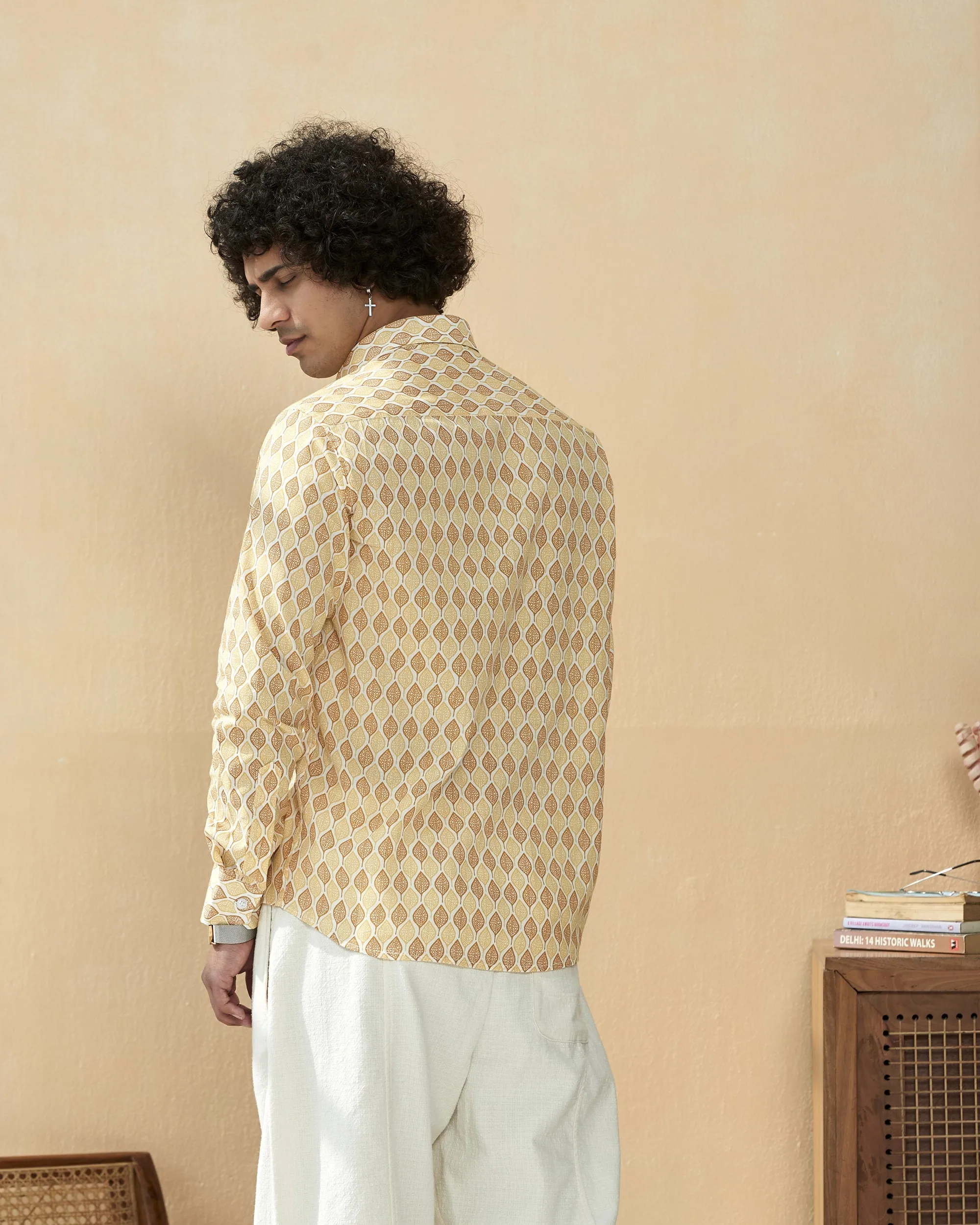 Light Yellow Full Sleeve Cotton Hand Block Printed Men's Shirt