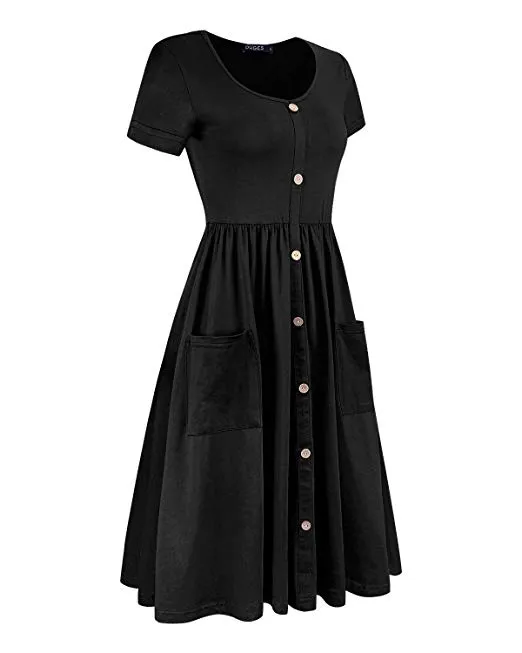 Long Sleeve V Neck Button Down Skater Dress with Pockets