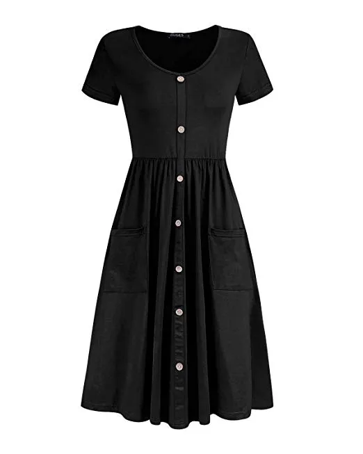 Long Sleeve V Neck Button Down Skater Dress with Pockets