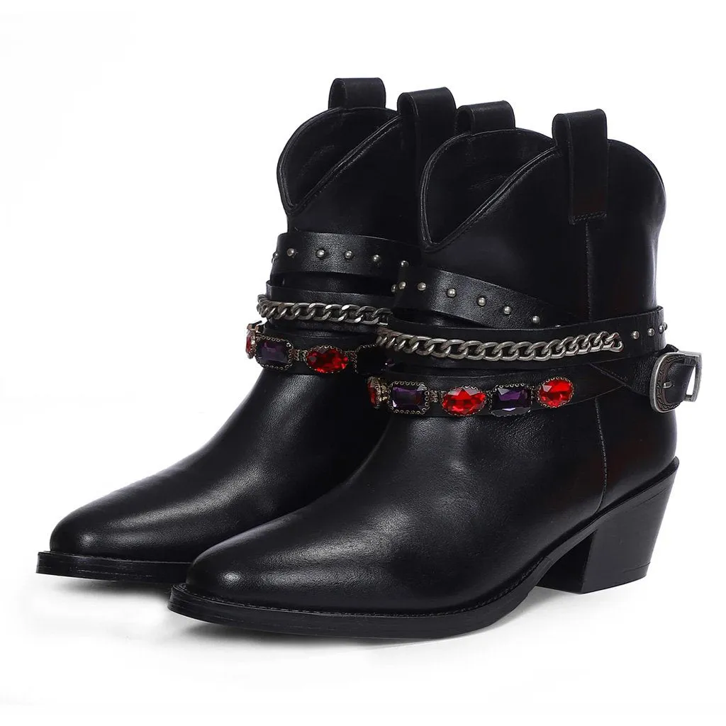 Louanne Black Leather Rhinestone Studded Décor Boots