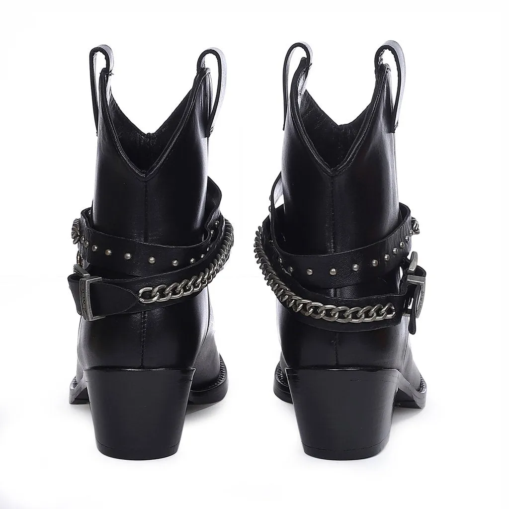 Louanne Black Leather Rhinestone Studded Décor Boots