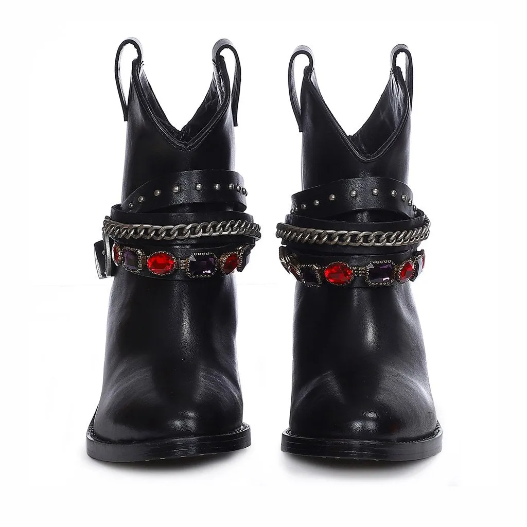 Louanne Black Leather Rhinestone Studded Décor Boots