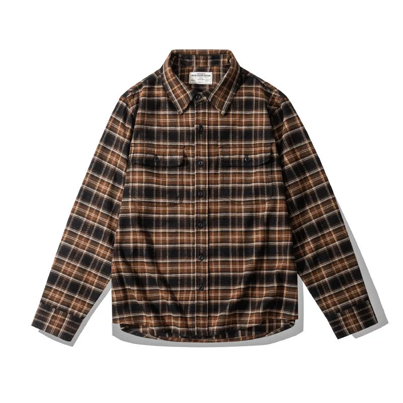 Men's plaid shirt lightly polished retro long-sleeved shirt