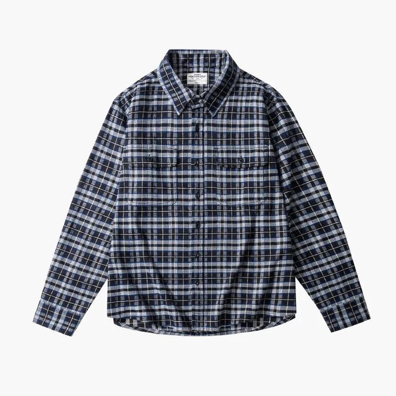 Men's plaid shirt lightly polished retro long-sleeved shirt