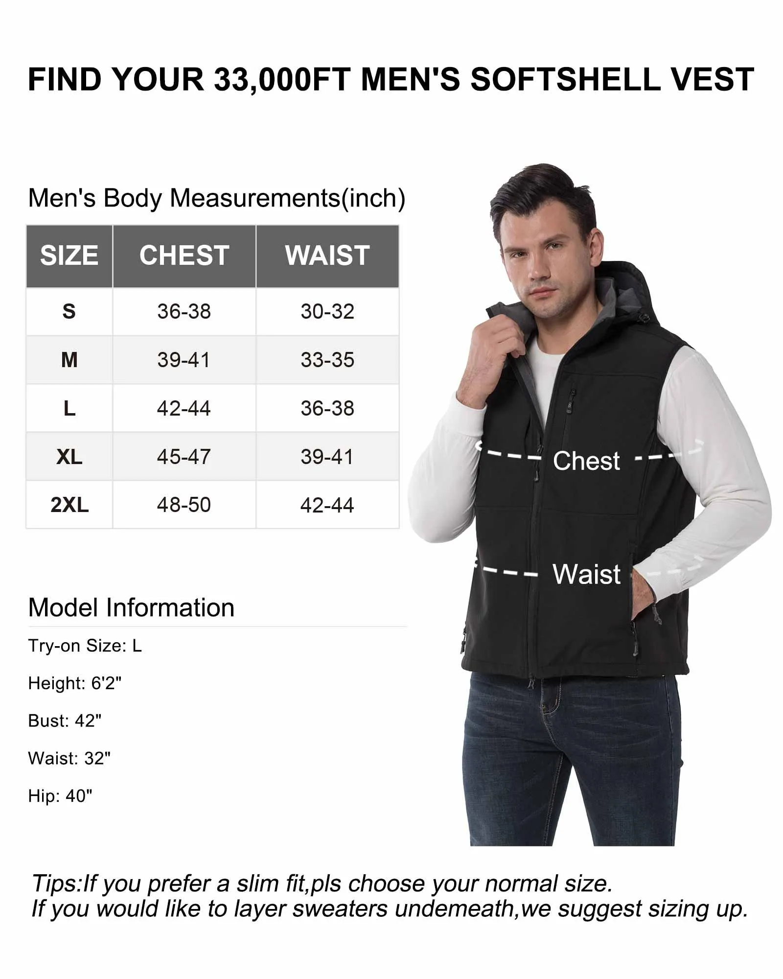 Men's Weatherproof Softshell Hooded Gilet Outerwear Vest with 7 Pockets