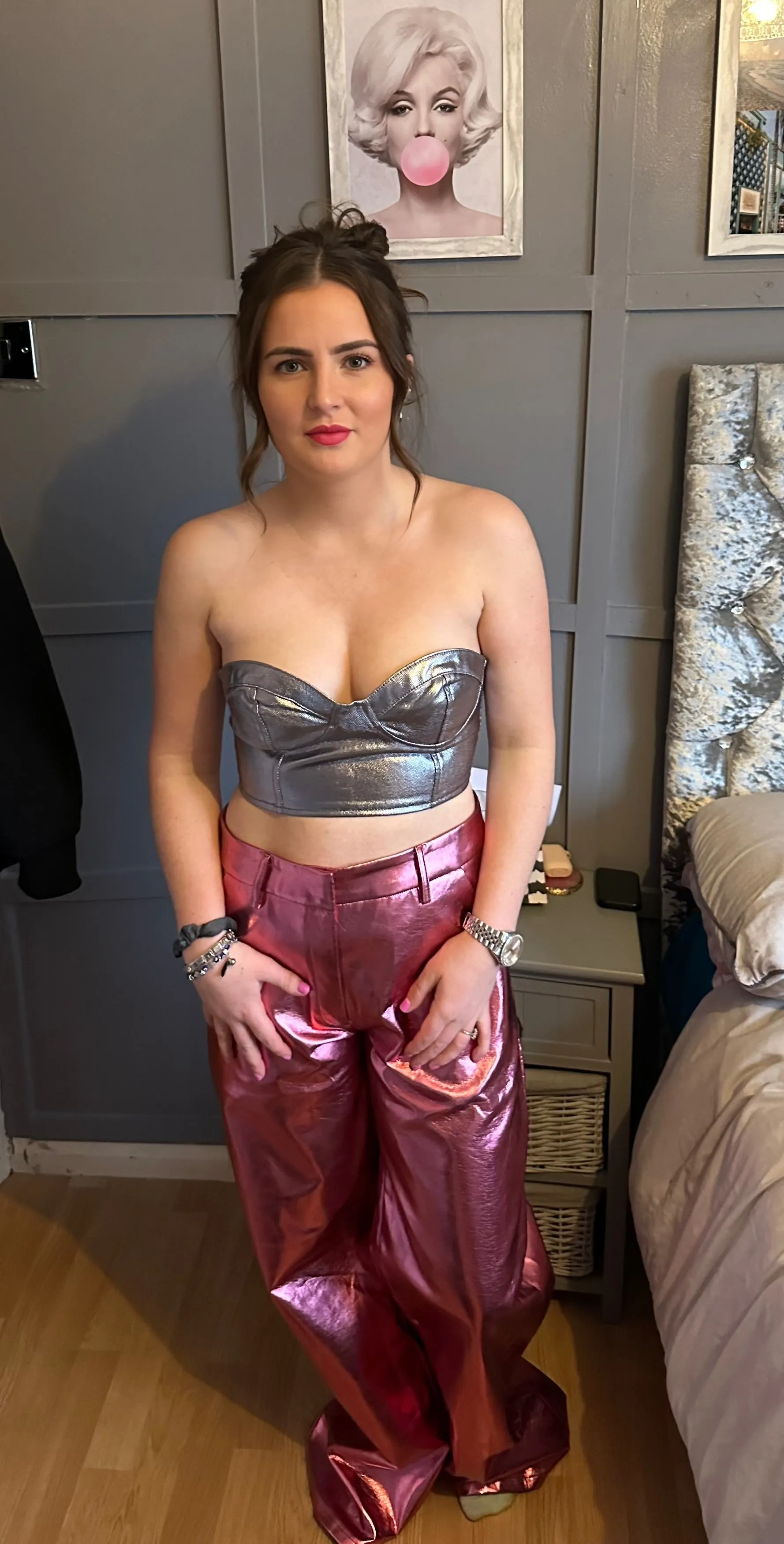 Metallic Straight Legged Trousers in Pink