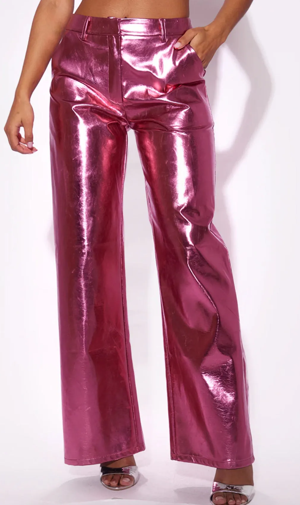 Metallic Straight Legged Trousers in Pink