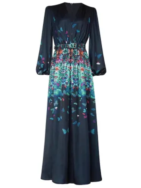 Metaversmall Colorblock Printing Luxury Dresses For Deep Neck Women Puff Sleeve Spliced Belt Evening Long Dress Female Autumn New Clothes