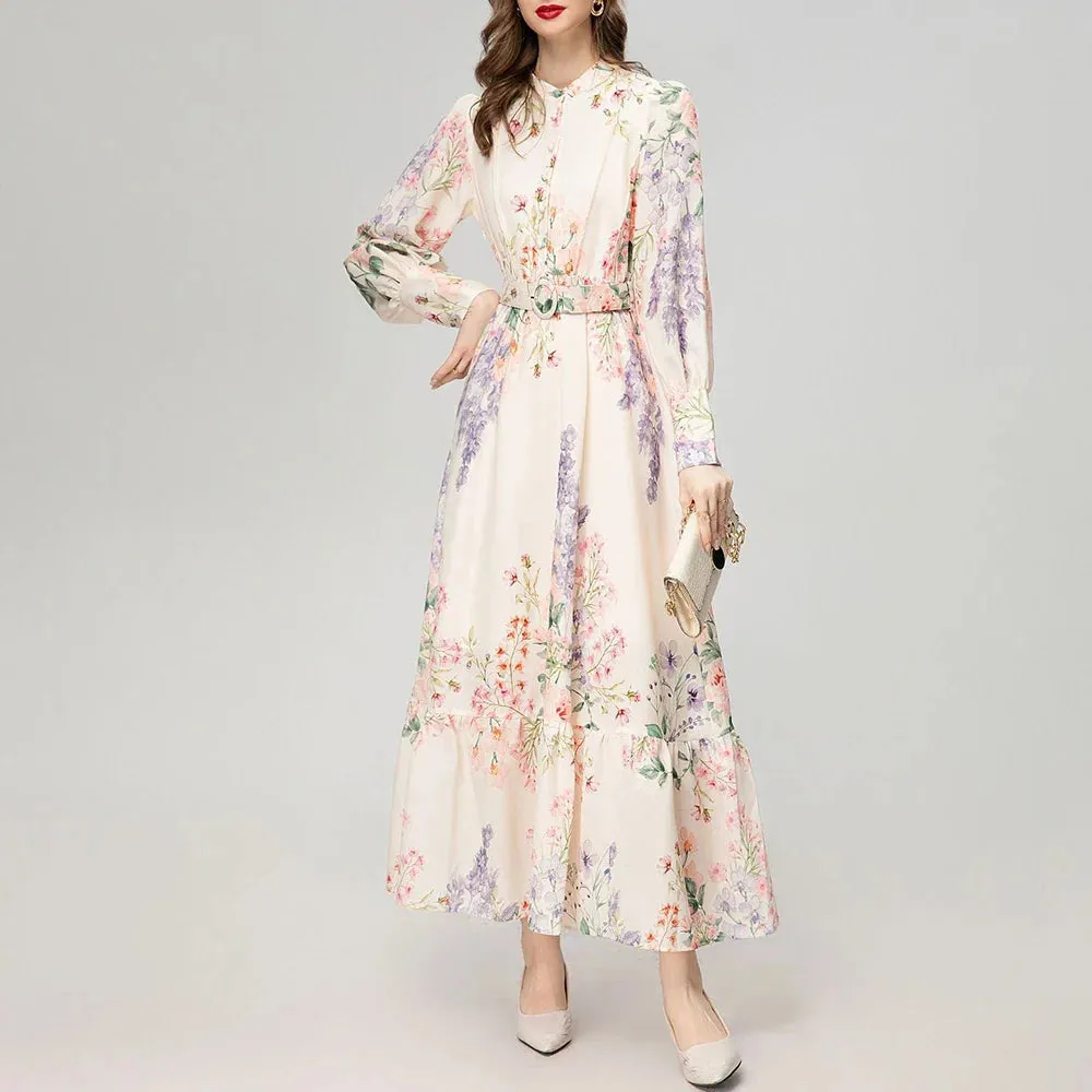 Metaversmall Hit Color Print Elegant A Line Dresses For Women Stand Collar Long Sleeve High Waist Spliced Belt Temperament Dress Female