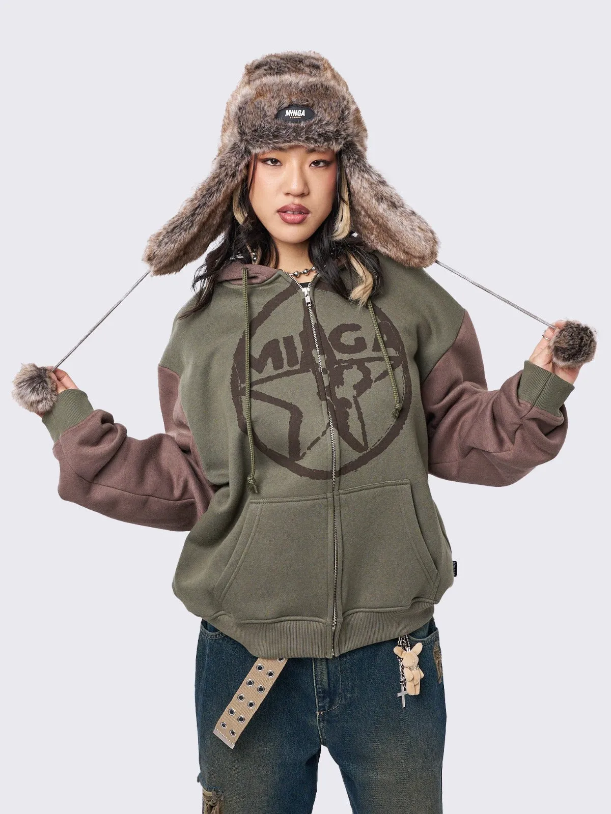 Minga Star Khaki Brown Zip Up Hoodie