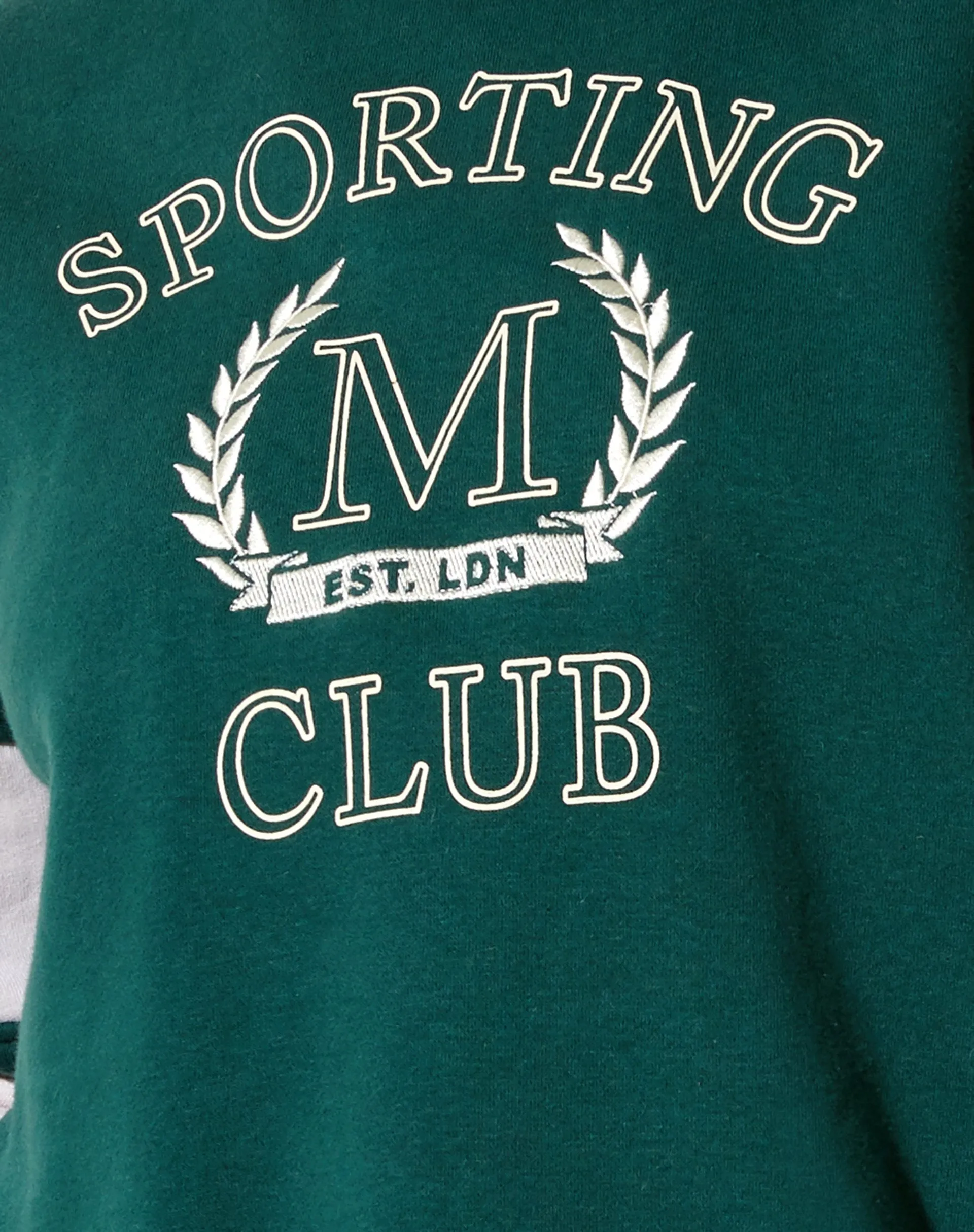 Mora Hoodie in Forest Green and Winter White Sporting Club Mix Embro