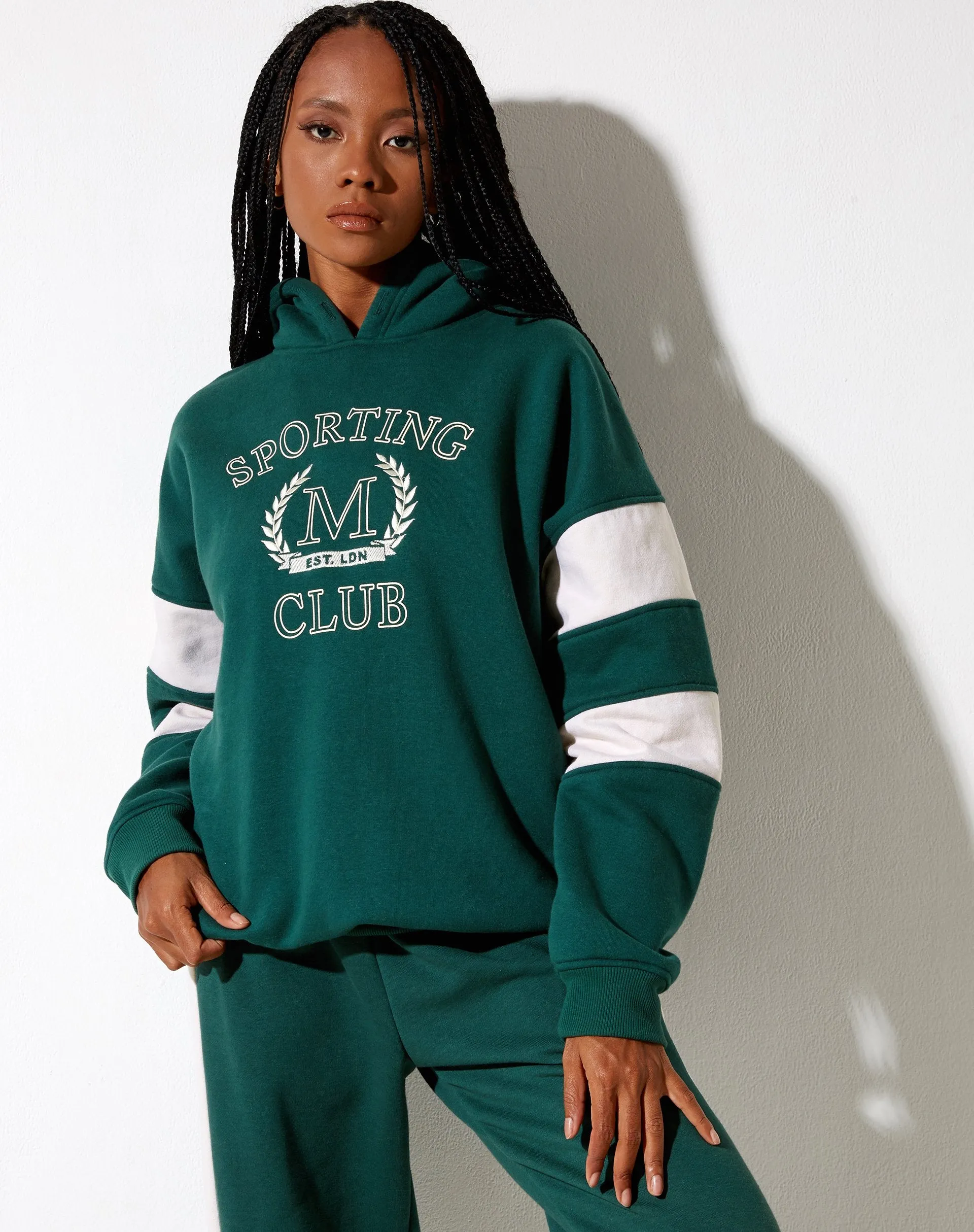 Mora Hoodie in Forest Green and Winter White Sporting Club Mix Embro