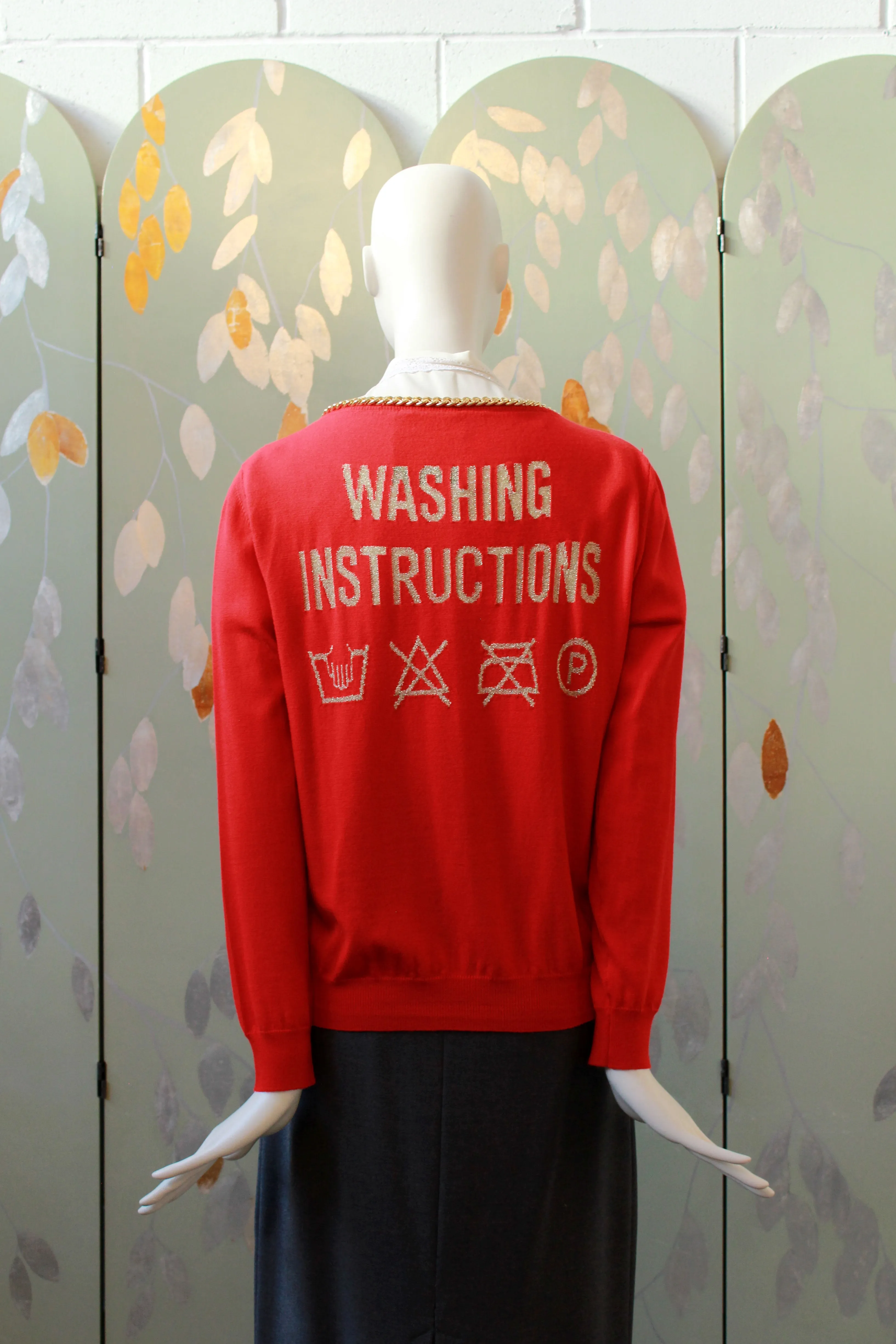 Moschino Red And Gold "Washing Instructions" Cardigan With Gold Charms, Medium