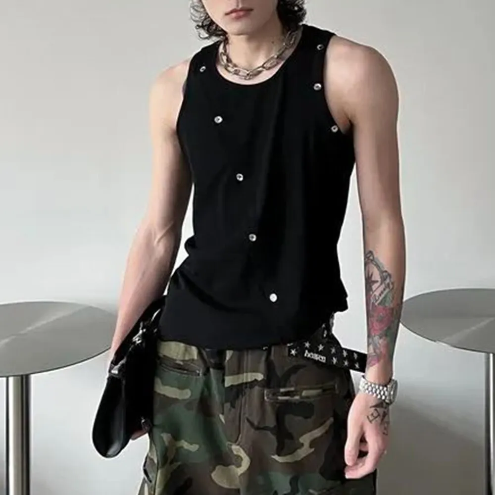 Niche Design Vests Men's Knitting Tank Top Metal Irregular Breasted Sleeveless T Shirt Solid O Collar Male Punk Rock Streetwear