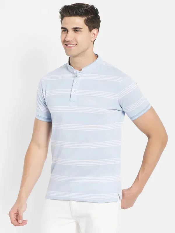 Octave Men Blue Striped Henley Neck T-Shirt